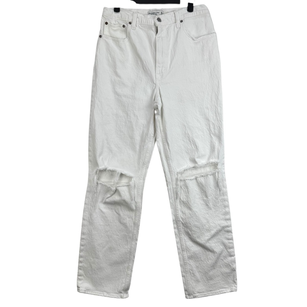 Abercrombie & Fitch Ultra High Rise The 90s Straight Jeans white distressed knee